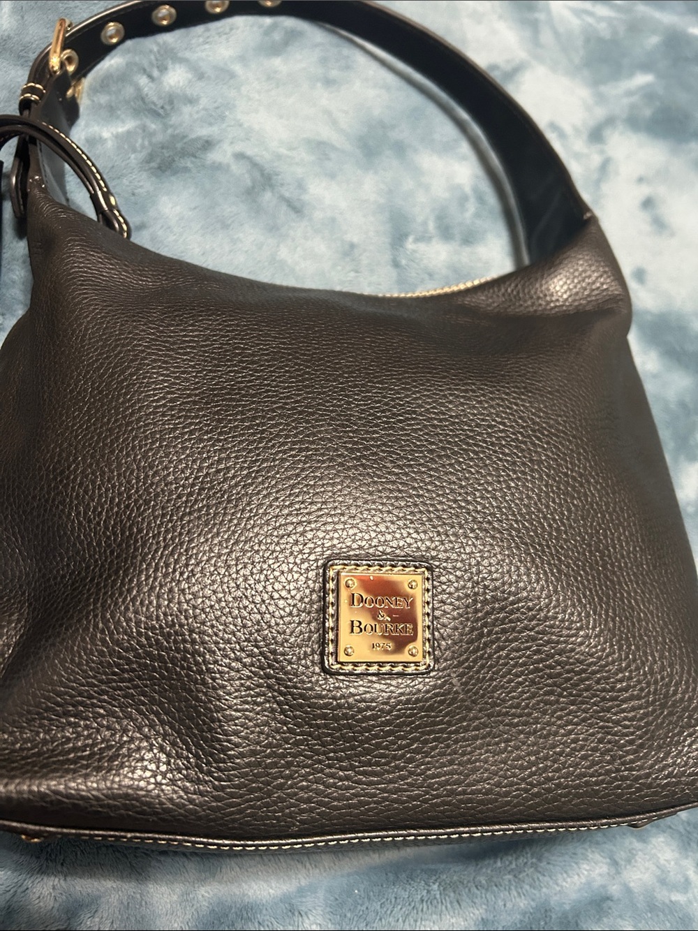 Dooney & Bourke Black Pebbled Leather Hobo with Gold Plaque
